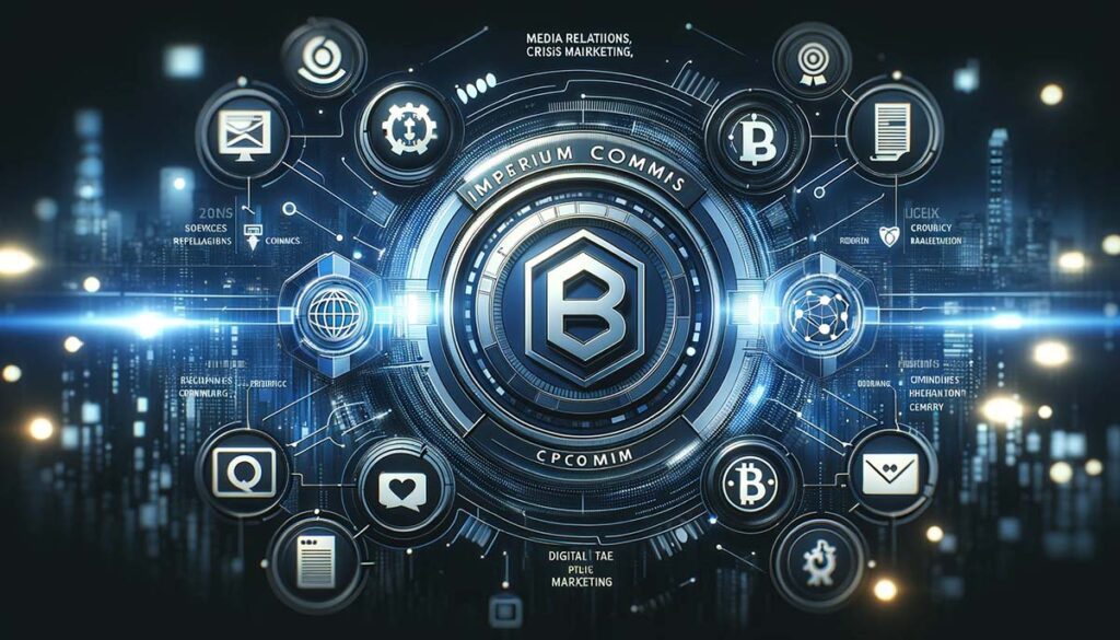 A professional graphic showcasing the Imperium Comms logo at the center, encircled by icons depicting their key services such as media relations, crisis management, and digital marketing, designed in a sleek and modern style with a color palette of dark blue, silver, and white to symbolize trust and expertise.
