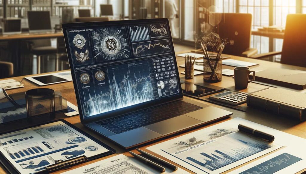 Sophisticated office workspace featuring financial charts and a laptop displaying General Electric stock metrics, emphasizing detailed analysis in a business setting.