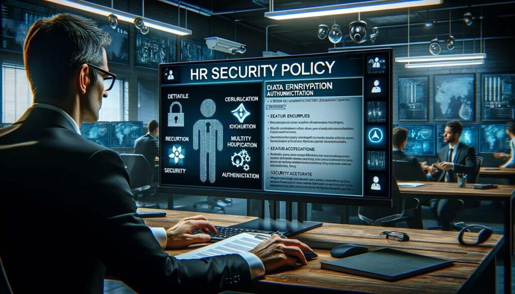 Employee reviewing HR security policies on a computer in a secure office setting, highlighting data encryption and multi-factor authentication.
