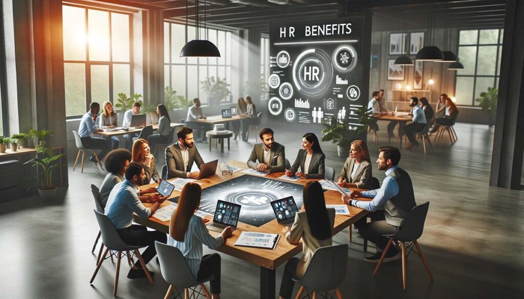 A diverse group of employees engaged in a discussion about HR benefits in a modern office setting.