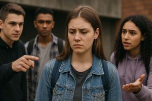 Teenage girl looks distressed as peers confront her, symbolizing the emotional tension of navigating peer pressure during adolescence.