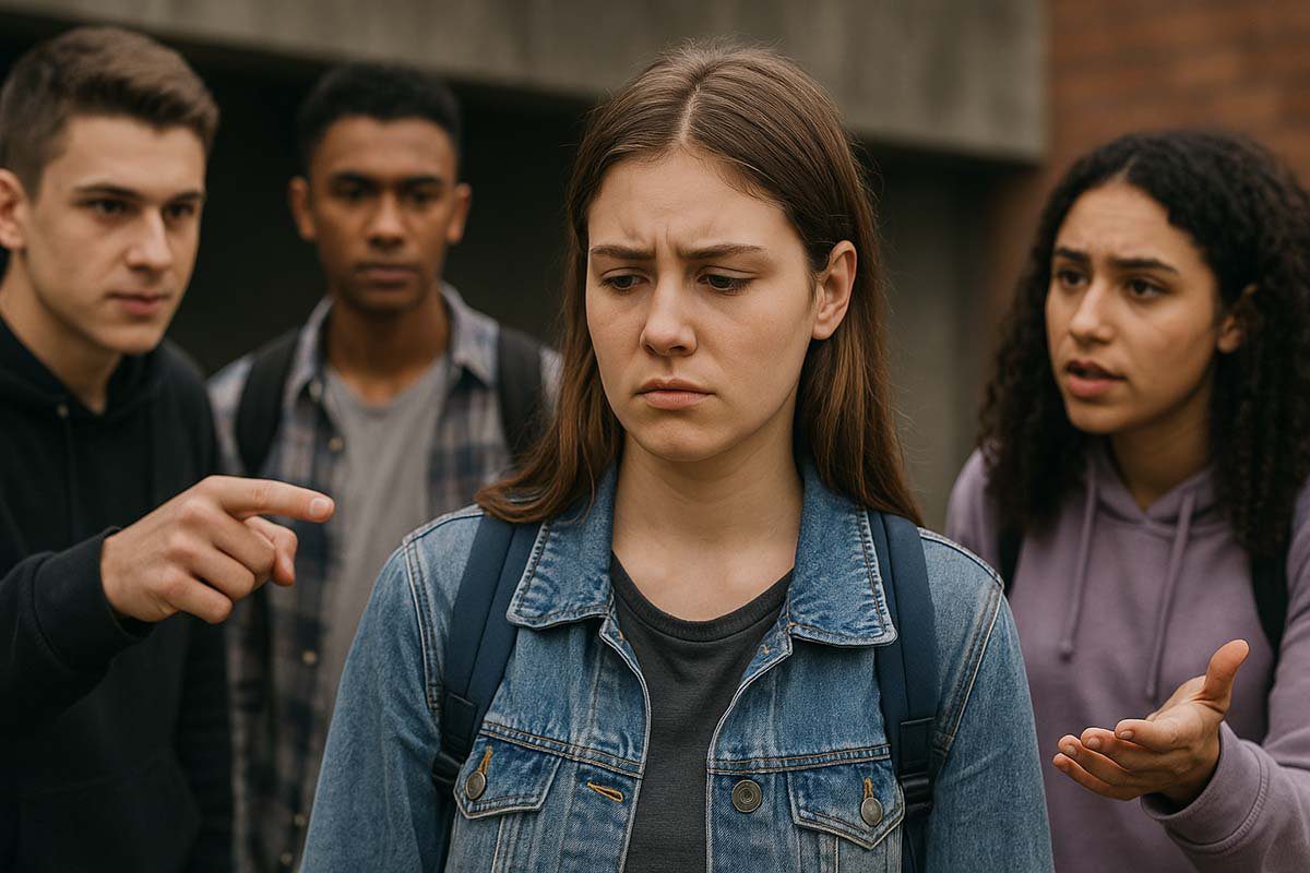 Teenage girl looks distressed as peers confront her, symbolizing the emotional tension of navigating peer pressure during adolescence.