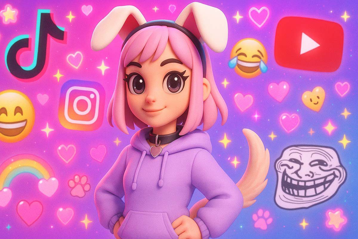 puppygirlxd digital character wearing dog ears and pastel hoodie posing in front of social media-themed background