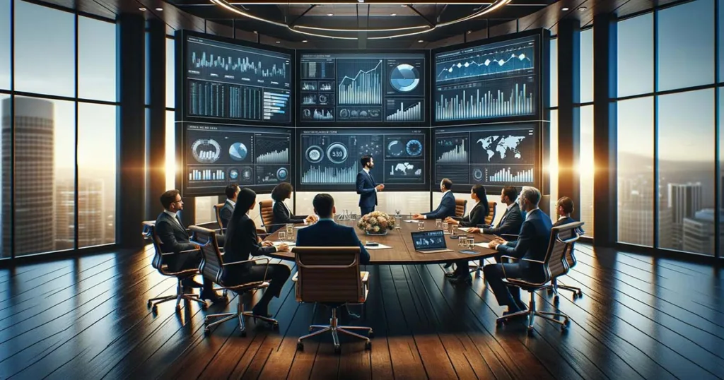 A diverse team of executives in a corporate meeting room strategizing over business analytics displayed on digital screens.