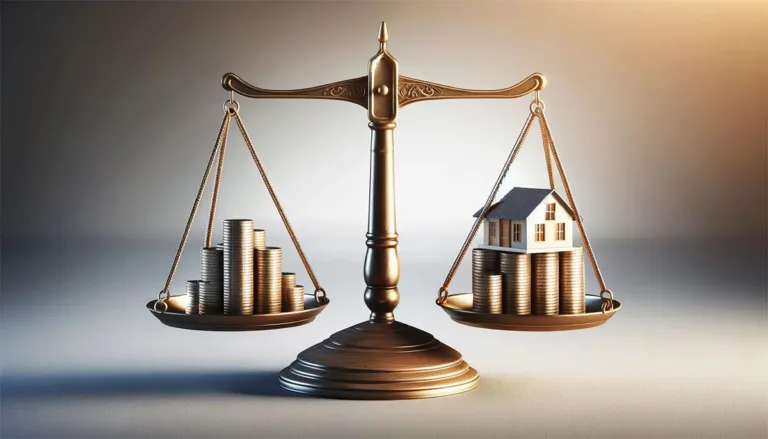 A balanced scale with coins on one side and a miniature building on the other, symbolizing the comparison between bootstrap and venture capital in business funding.