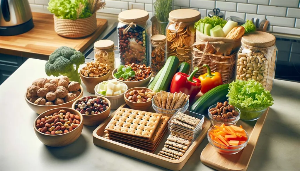 Assortment of pre-packaged healthy foods including nuts, whole-grain crackers, and pre-cut vegetables on a kitchen countertop, symbolizing convenient and nutritious choices for a busy lifestyle.
