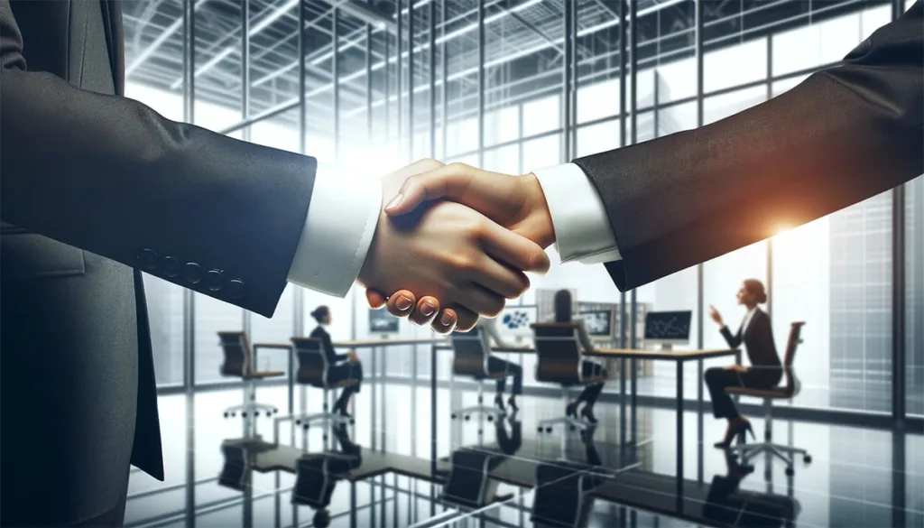 Two business professionals shaking hands in a corporate environment, symbolizing successful partnership, against the backdrop of a modern office.