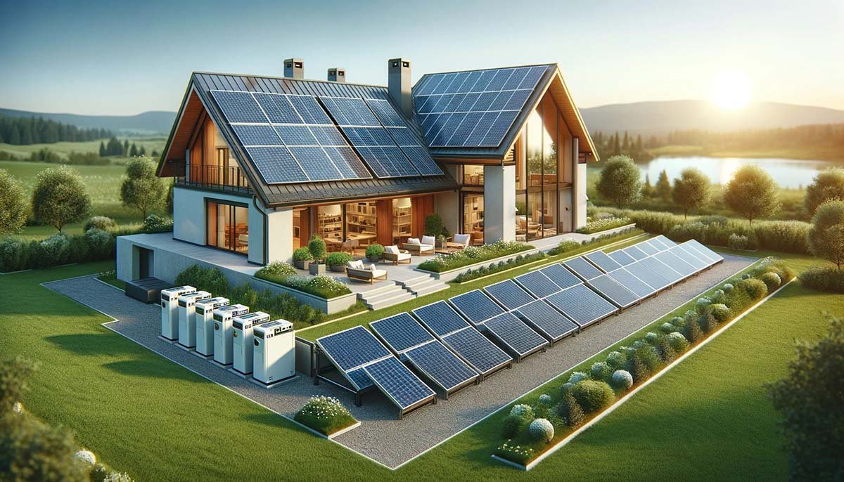 A contemporary house with solar panels on the roof and multiple solar batteries arranged beside, set in a sunny, clear-skied day, illustrating the use of solar energy for residential power.
