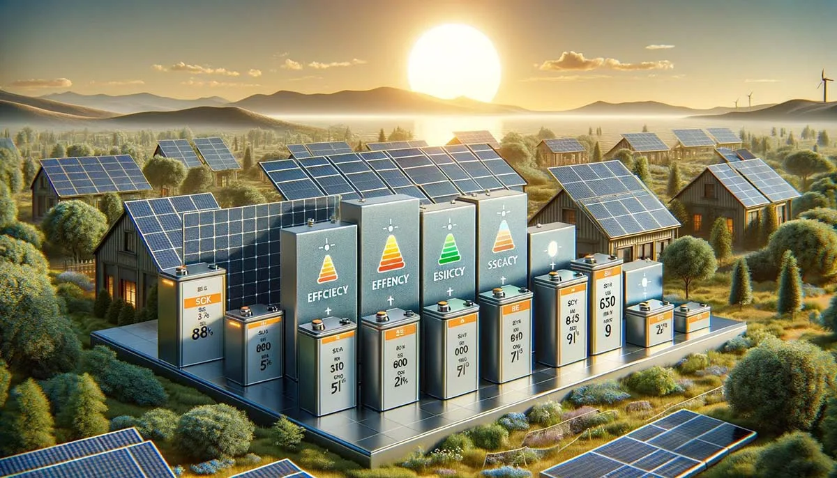 A variety of solar batteries with different sizes and efficiency ratings displayed below a rooftop with solar panels, against a backdrop of a clear sky and the sun, highlighting the concept of solar battery efficiency and sizing.