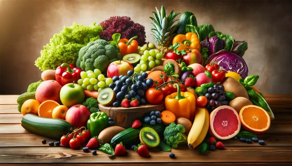 Vibrant display of fresh fruits and vegetables on a wooden table, emphasizing the nutritional value and freshness ideal for healthy, no-cook meals.
