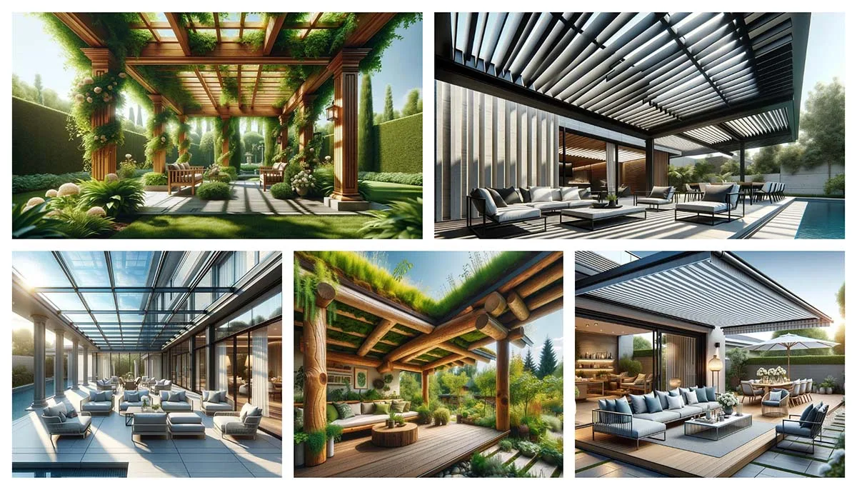 A collage of 5 great ideas for patio roof designs