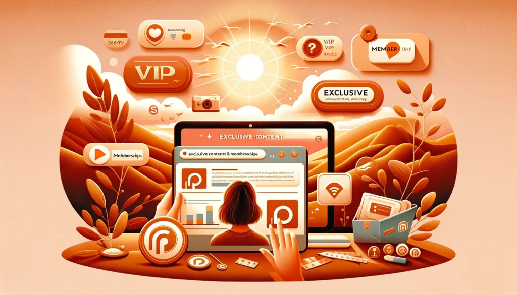 An influencer engages with their loyal community through exclusive content on a computer screen, featuring VIP badges and member-only chats, highlighting the nurturing of a supportive and exclusive community.