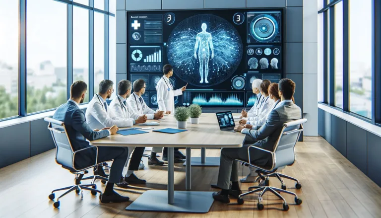 Doctors and medical staff using AI-driven data analysis for patient treatment planning, emphasizing technology-enhanced collaborative decision-making.