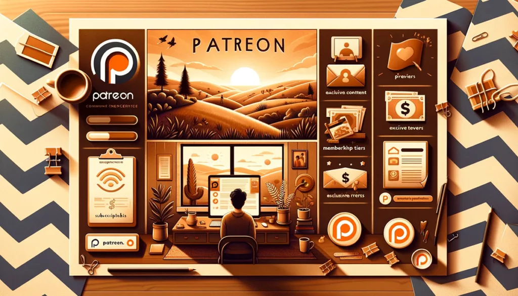 An influencer interacts with subscribers through a computer in a cozy setting, featuring Patreon logos and exclusive content, showcasing the unique connection and rewards offered to dedicated fans.