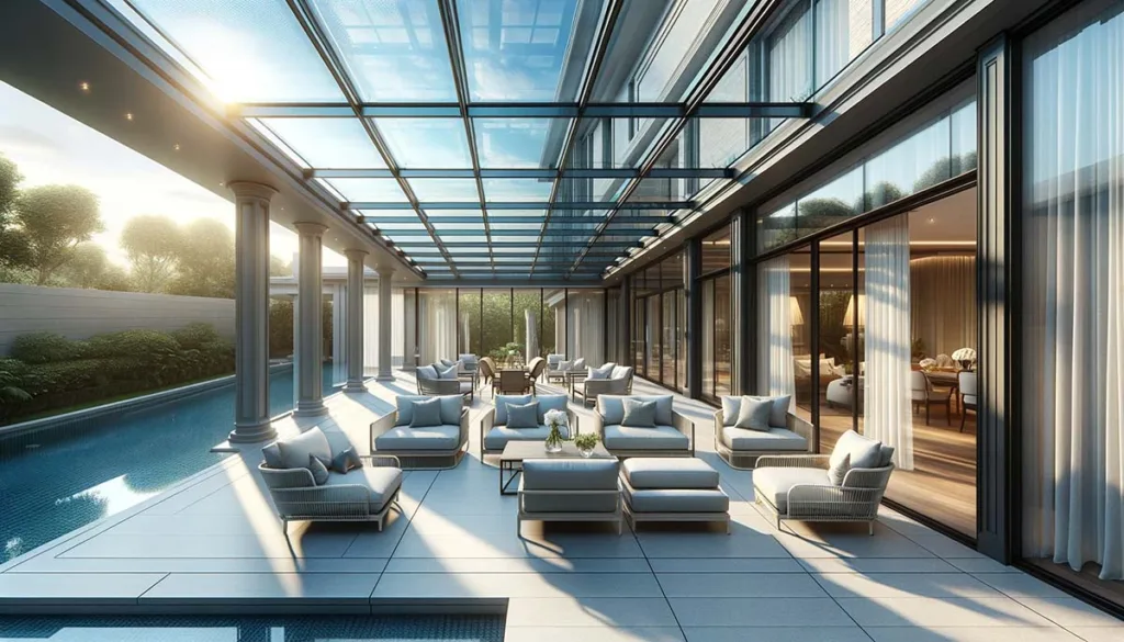 An elegant patio covered by clear glass roof panels, blending indoor comfort with the beauty of the outdoors, under a luxurious setting.