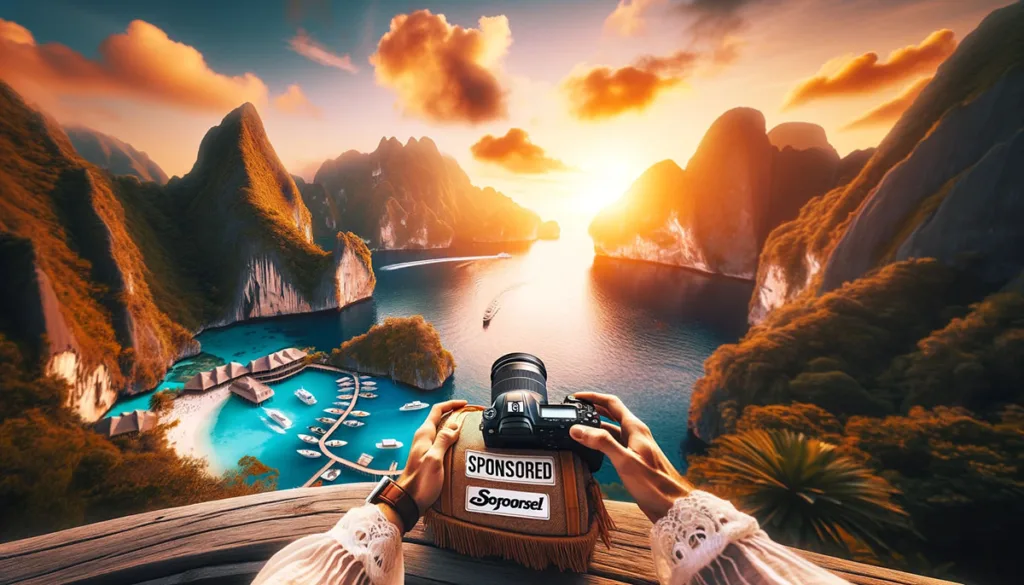 An influencer experiences a picturesque destination, highlighted by sponsored travel gear, capturing the joy of travel and the opportunity to create engaging content for followers.