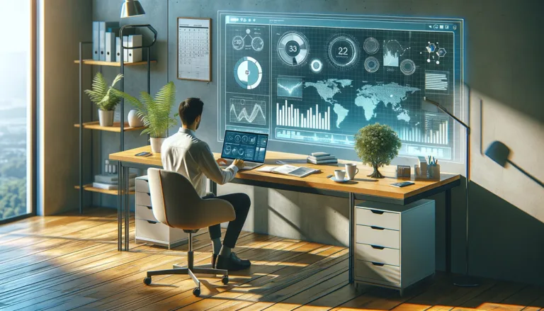 A data analyst works in a bright, organized office space, balancing professional tasks and personal well-being with a plant and a digital calendar displaying a mix of work and life events.