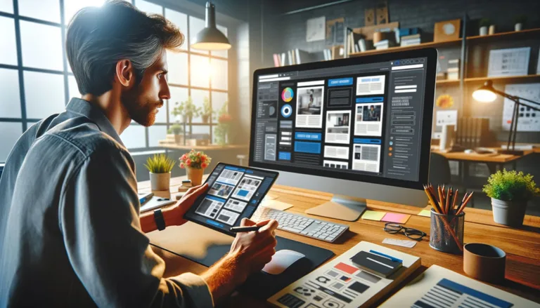 A professional graphic designer critically analyzing a website's layout and usability on a large monitor, with design tools and reference books around him showing best depiction of "How to Evaluate a Website Design Effectively"