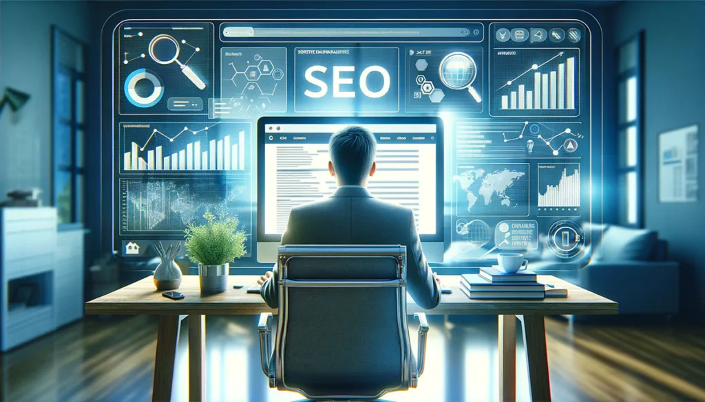 Content marketer analyzing SEO data and strategies on a computer screen, with SEO tools and analytics visible and depicting 10 Easy Tips for Effective Content Marketing
