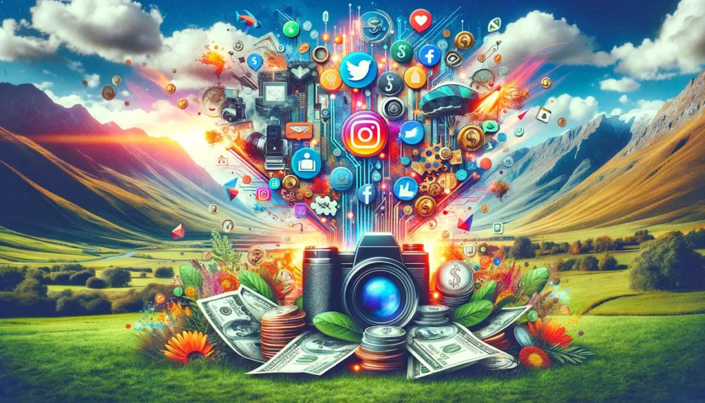 A vibrant collage featuring social media icons, a camera, a laptop, and money, symbolizing the diverse monetization strategies for influencers.