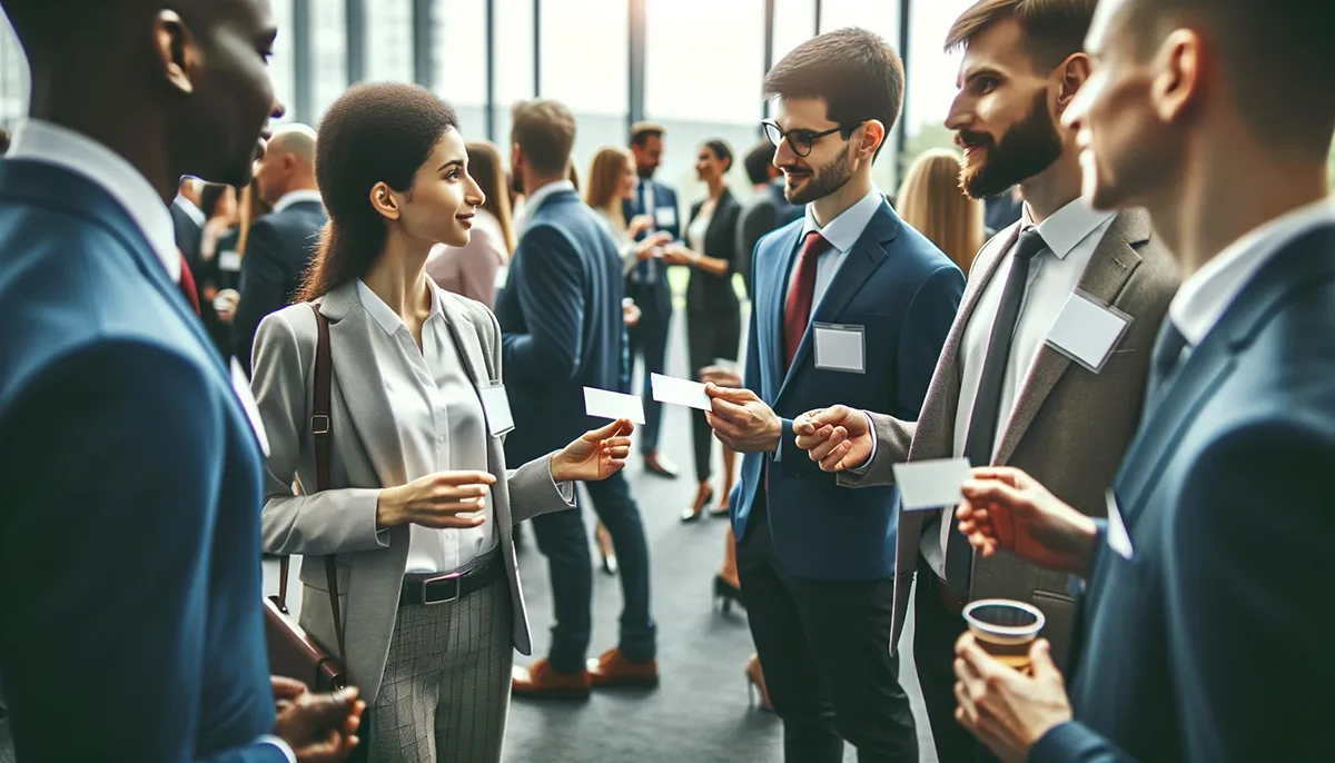 Diverse professionals networking at a business conference, exchanging business cards and engaging in meaningful conversations.