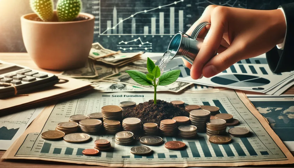 A seedling sprouting from money, being watered, symbolizing the initial investment and care in the seed funding stages of funding for a startup.