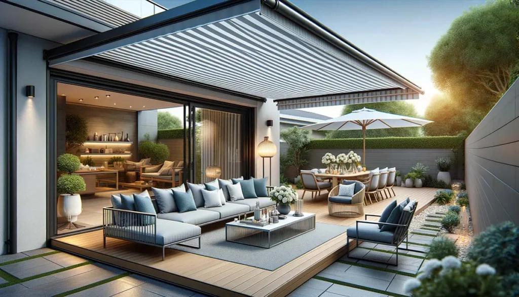 A comfortable outdoor living space enhanced with a retractable awning roof, illustrating versatility and stylish protection against varying weather.
