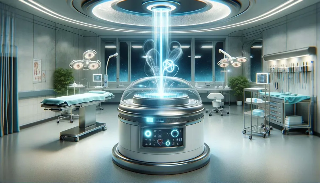 A state-of-the-art hospital room featuring a futuristic plasma device sterilizing surgical instruments, highlighting the application of plasma technology in modern medicine.