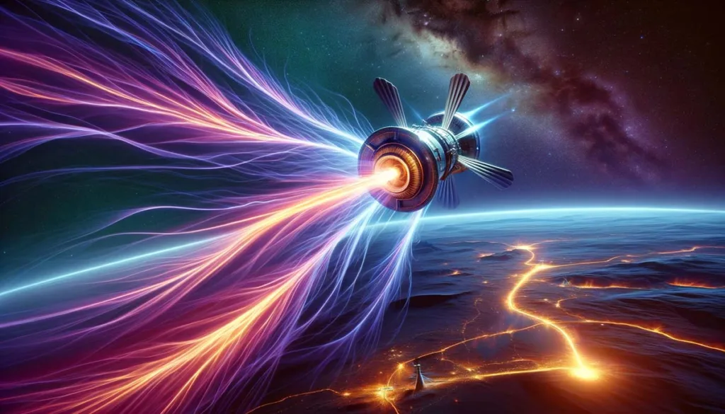 Spacecraft utilizing plasma wave technology for propulsion, with vibrant plasma waves emanating from its engines in the vastness of space.