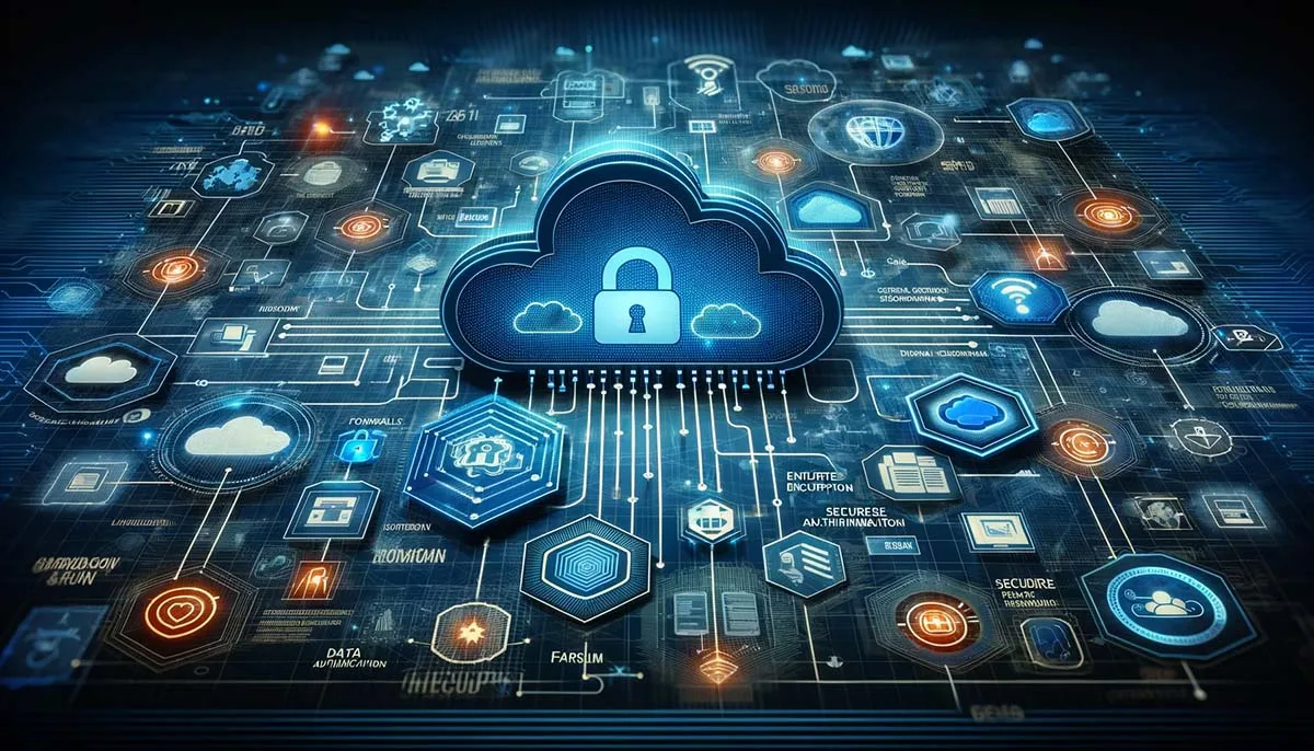 Digital illustration of a cloud computing network with data encryption symbols and security measures like firewalls and secure authentication.