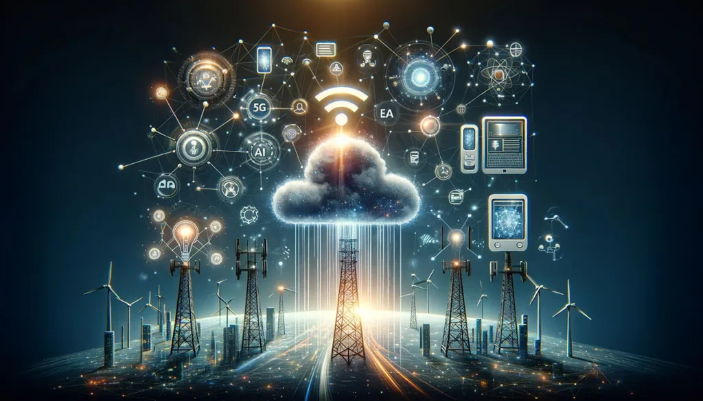 Advanced technologies like 5G, edge computing, and AI symbols connected to a cloud, highlighting the future of Broad Network Access.