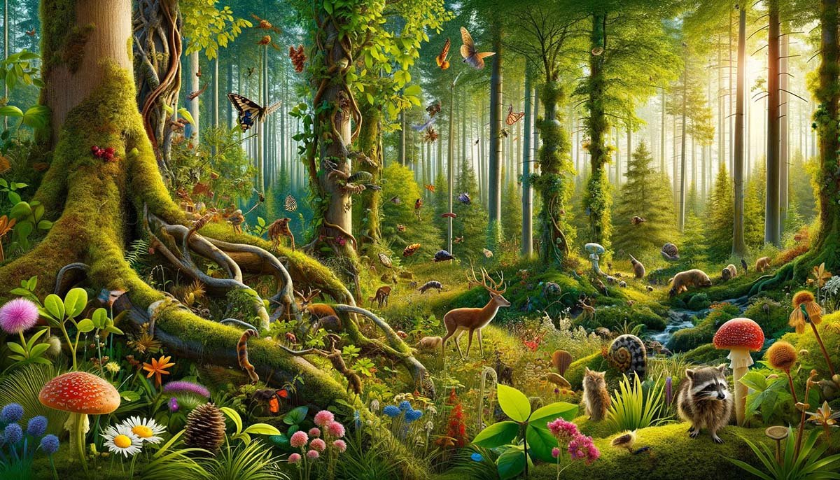 A vibrant forest ecosystem with diverse plant and animal species, showcasing adaptation through pollination, predation, and symbiotic relationships.