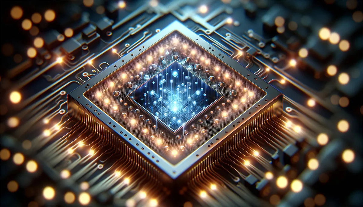 A detailed view of a quantum computer chip with glowing qubits, highlighting the advanced technology behind quantum calculations.