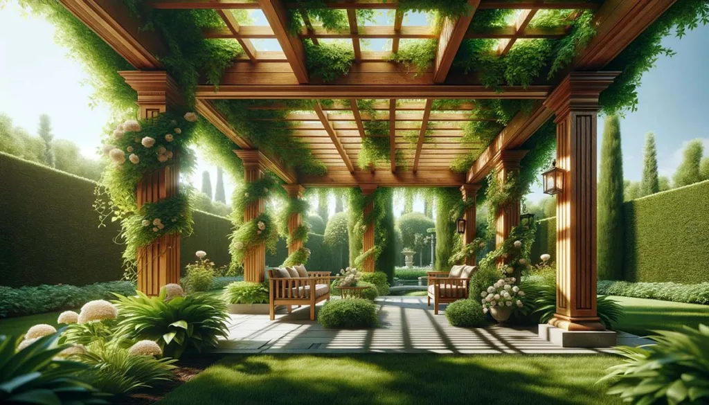A traditional pergola with wooden beams and climbing plants in a vibrant garden, showcasing natural beauty and sunlight filtering through.