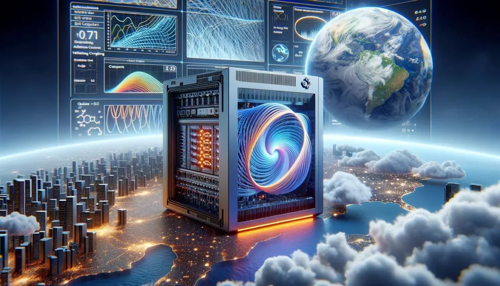 A quantum computer runs advanced climate models, surrounded by digital representations of weather patterns and atmospheric data, highlighting its role in understanding global climate change.