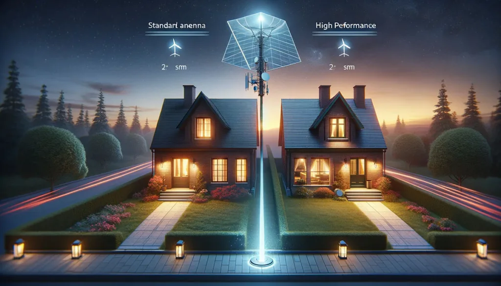 Two houses at dusk, one with a softly glowing Standard antenna and another with an intensely lit High Performance antenna, illustrating the balance between energy efficiency and performance.