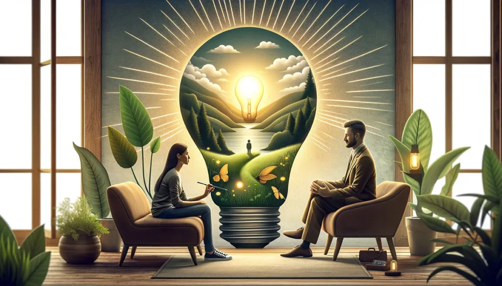 A realistic portrayal of a supportive and understanding environment dedicated to mental health, featuring a compassionate counseling session between a therapist and a client. The scene is enriched with symbolic elements of mental health awareness, such as a serene setting for meditation and a visual metaphor of a lightbulb moment, emphasizing the critical importance of recognizing, acknowledging, and addressing mental health in a nurturing and caring manner.