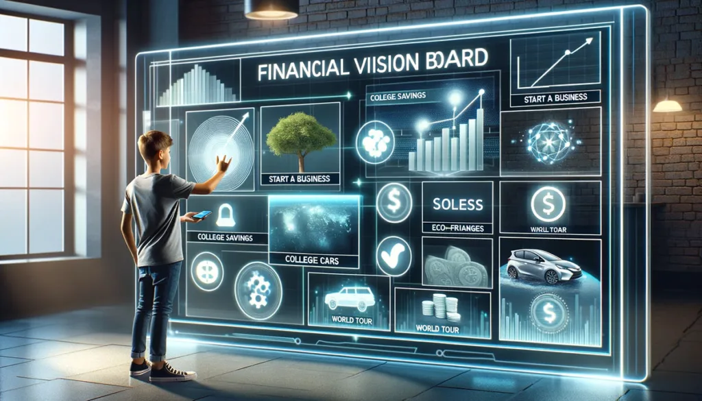 A teenager interacts with a digital financial vision board on a large touchscreen, organizing digital icons of their financial goals in a modern, tech-savvy room.