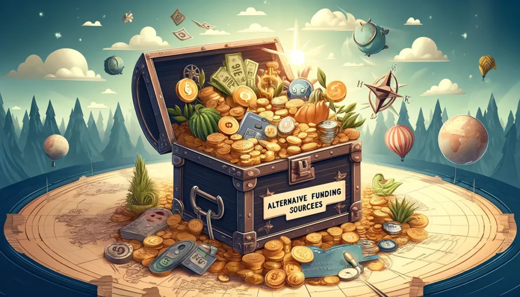 A creative illustration showing a treasure chest brimming with various symbols of unconventional funding methods for startups, set against a backdrop of a map and compass, embodying the adventurous exploration of diverse financial resources beyond traditional pathways.