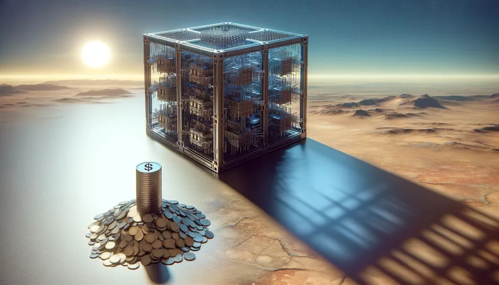 An oversized quantum computer casting a shadow over a small pile of coins, symbolizing the financial hurdles in quantum computing.