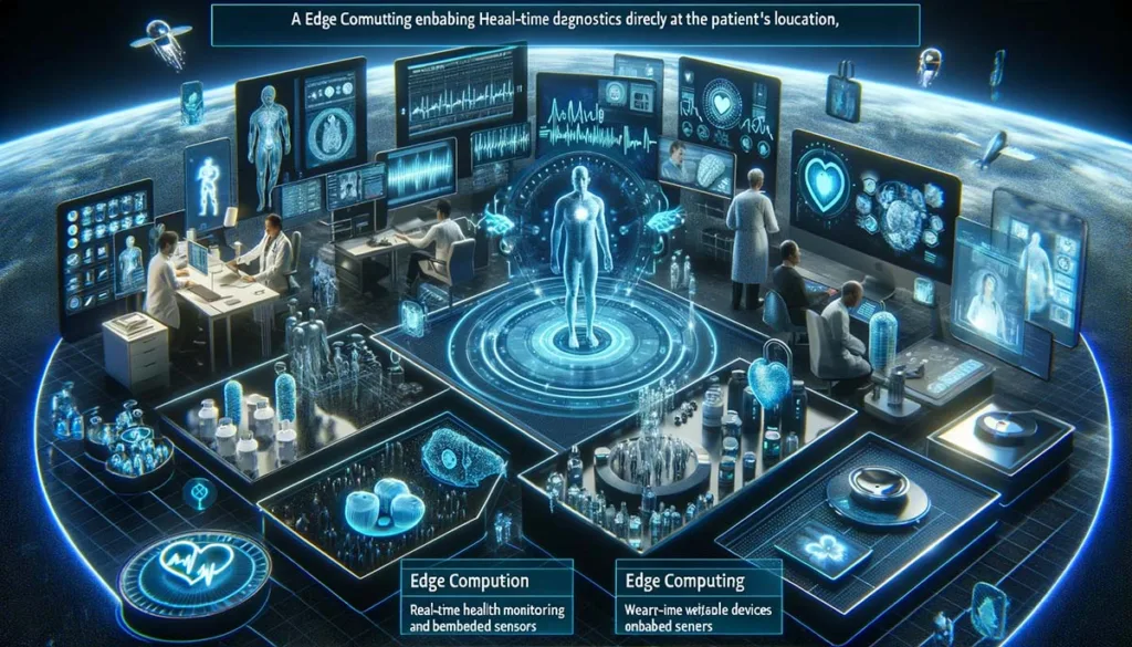 Futuristic healthcare scenario enabled by edge computing, showing wearable devices and telemedicine, offering real-time health monitoring and diagnostics, making healthcare more accessible and personalized.