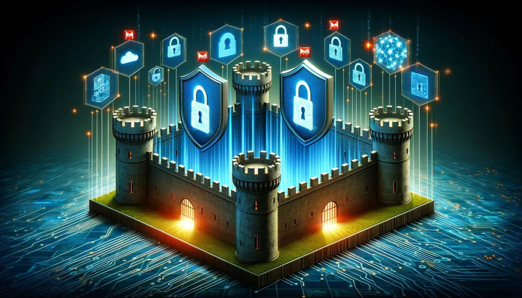 A visual metaphor of a fortress representing edge computing's security features, with data packets securely processed inside, safeguarded by digital firewalls and encryption.