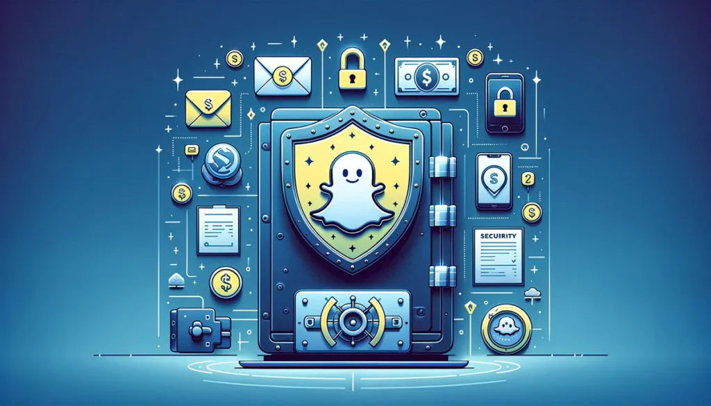 An image highlighting safety tips for Snapchat transactions, with a shield, lock, and the Snapchat ghost inside a vault, symbolizing the protection of user information and financial security.