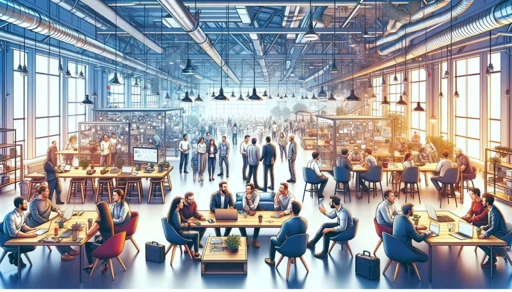 A dynamic scene inside a startup incubator, showing entrepreneurs and mentors in discussion, workshops, and a collaborative workspace bustling with technology and innovation, encapsulating the nurturing atmosphere of startup incubators and accelerators.