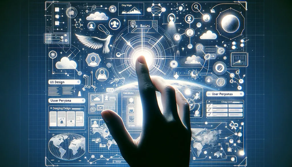 A digital illustration depicting a hand interacting with a screen filled with UX design elements like wireframes, user personas, and flowcharts, symbolizing the human-centered approach in web design.
