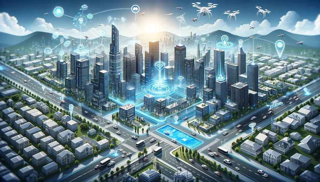 A futuristic cityscape with smart buildings, autonomous vehicles, and drones, all interconnected through edge computing, showcasing enhanced traffic management, public safety, and environmental tracking.