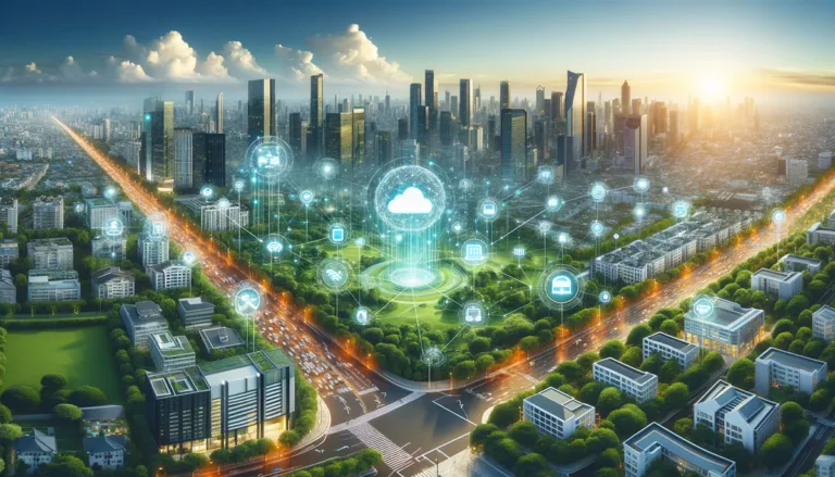 A futuristic smart city with interconnected IoT devices managing traffic, lighting, and energy systems in a sustainable urban landscape.