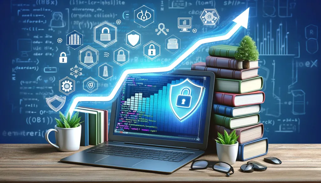 An image depicting a learning curve, with coding books, a laptop displaying a coding environment, and symbols of cybersecurity such as shields and locks, illustrating the growth from beginner to expert in coding for cybersecurity.