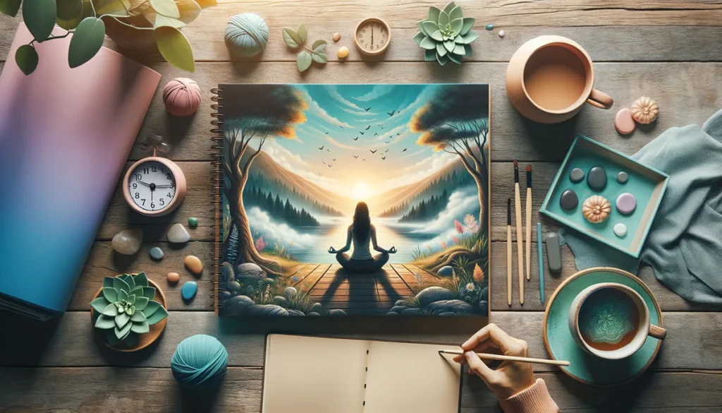 A realistic depiction of a tranquil environment designed for stress management, showcasing a person engaging in mindfulness or meditation. The setting, whether outdoors in a serene nature backdrop or a cozy indoor space, is adorned with elements conducive to relaxation, such as yoga mats, calming colors, a journal, and calming tea. This image beautifully illustrates the crucial role of maintaining balance and tranquility through effective stress management techniques in promoting a healthy lifestyle.