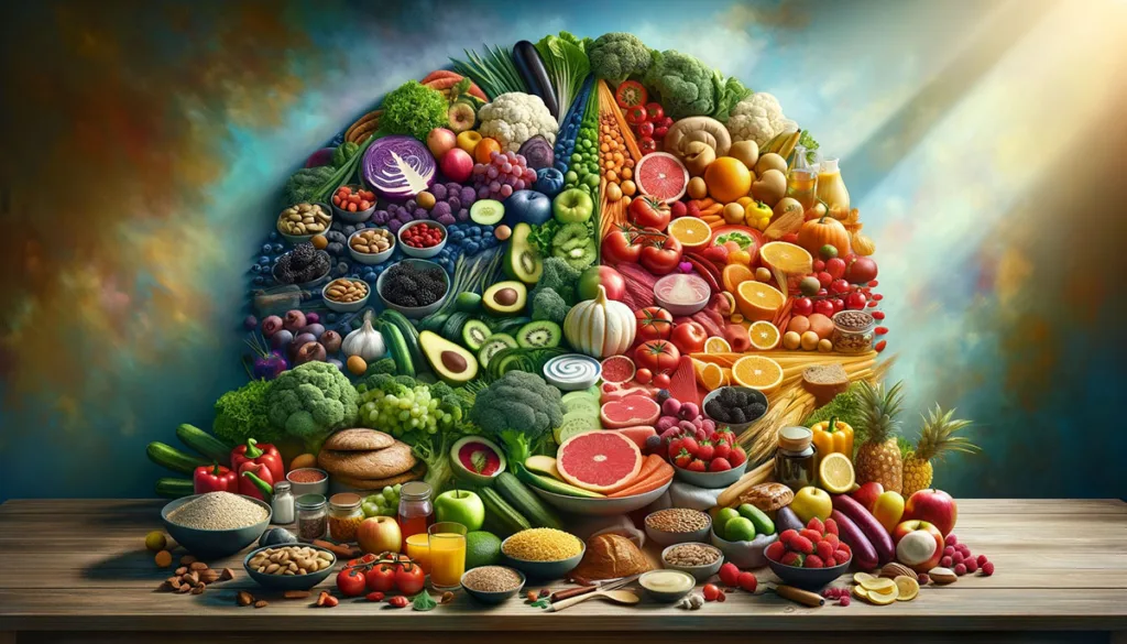 A realistic portrayal of a balanced diet, featuring a vibrant and colorful assortment of fruits, vegetables, lean proteins, whole grains, and healthy fats. Artistically arranged on a dining table or kitchen counter, the image embodies the concept of nutritional diversity and balance, highlighting the vital role of a balanced diet in maintaining optimal health.